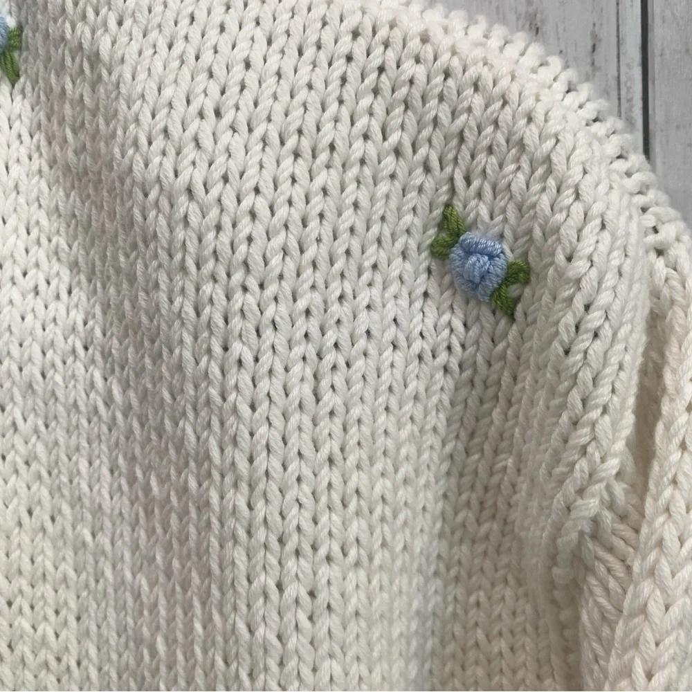 Fanm Mon Hand Knit embroidered blue rose cardigan cotton handcrafted XS/S NEW - Picture 5 of 15